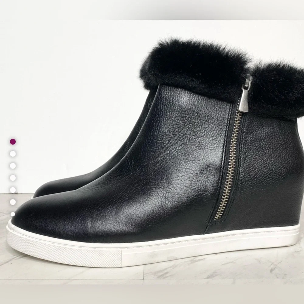 Linea Paolo Flossie Leather with Faux Fur Cuff Wedge Booties, size 8